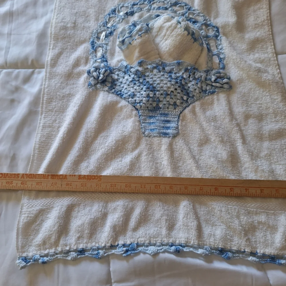 Hand Crafted Cream Bath Towel with Blue Crochet Basket Accent